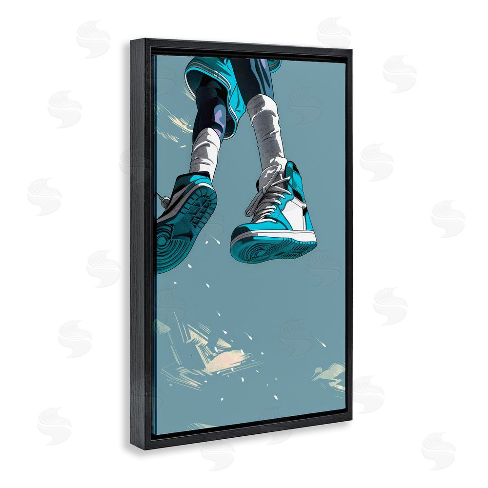Ray Powers Sporty Jump with Sneakers Black Floating Frame Canvas Wall Art Print