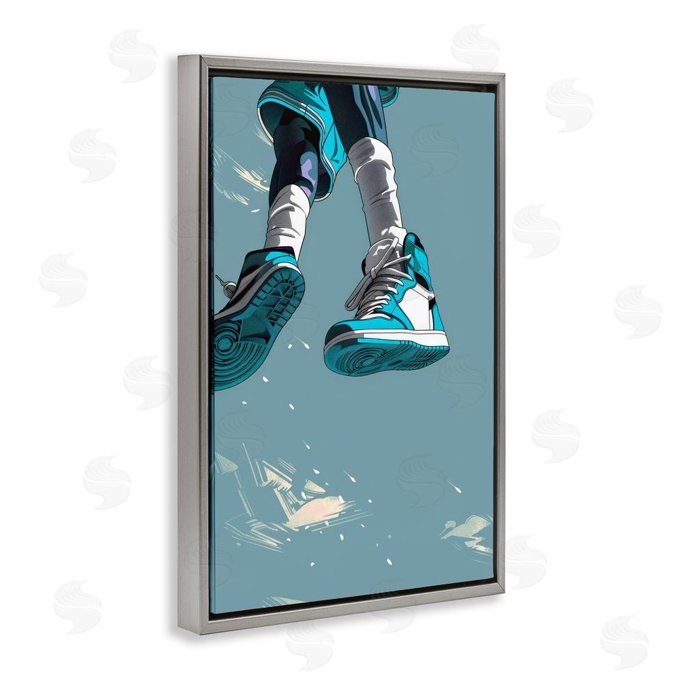 Ray Powers Sporty Jump with Sneakers Gray Floating Frame Canvas Wall Art Print