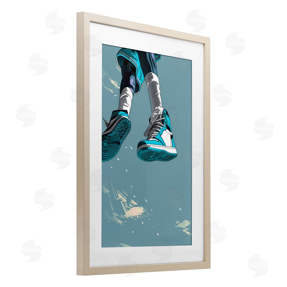 Ray Powers Sporty Jump with Sneakers Brown Framed Print Under Glass Wall Art