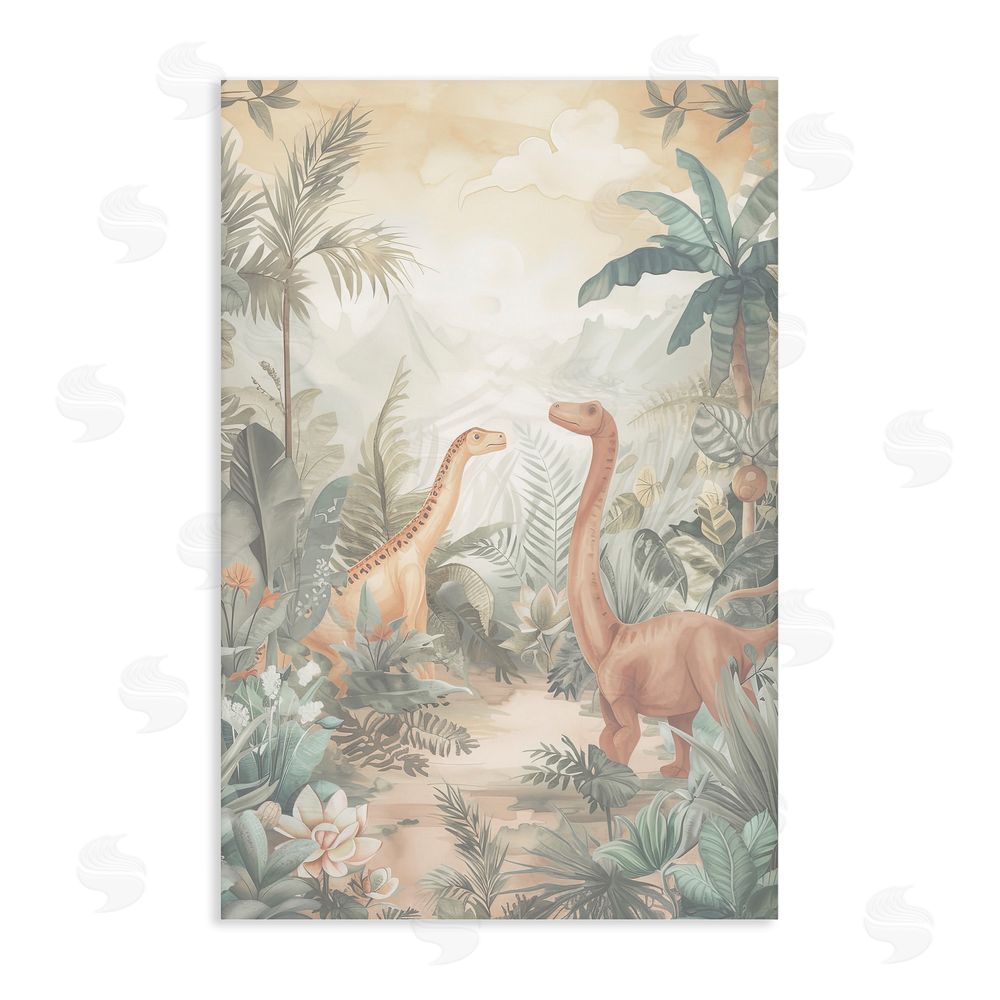 Ray Powers Muted Dinosaurs in Jungle Stretched Canvas Wall Art Print