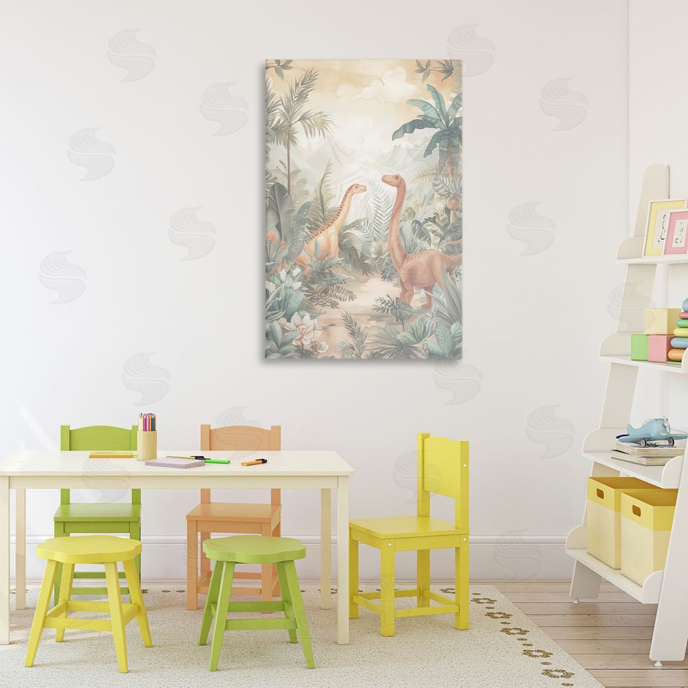 Ray Powers Muted Dinosaurs in Jungle Stretched Canvas Wall Art Print in Room