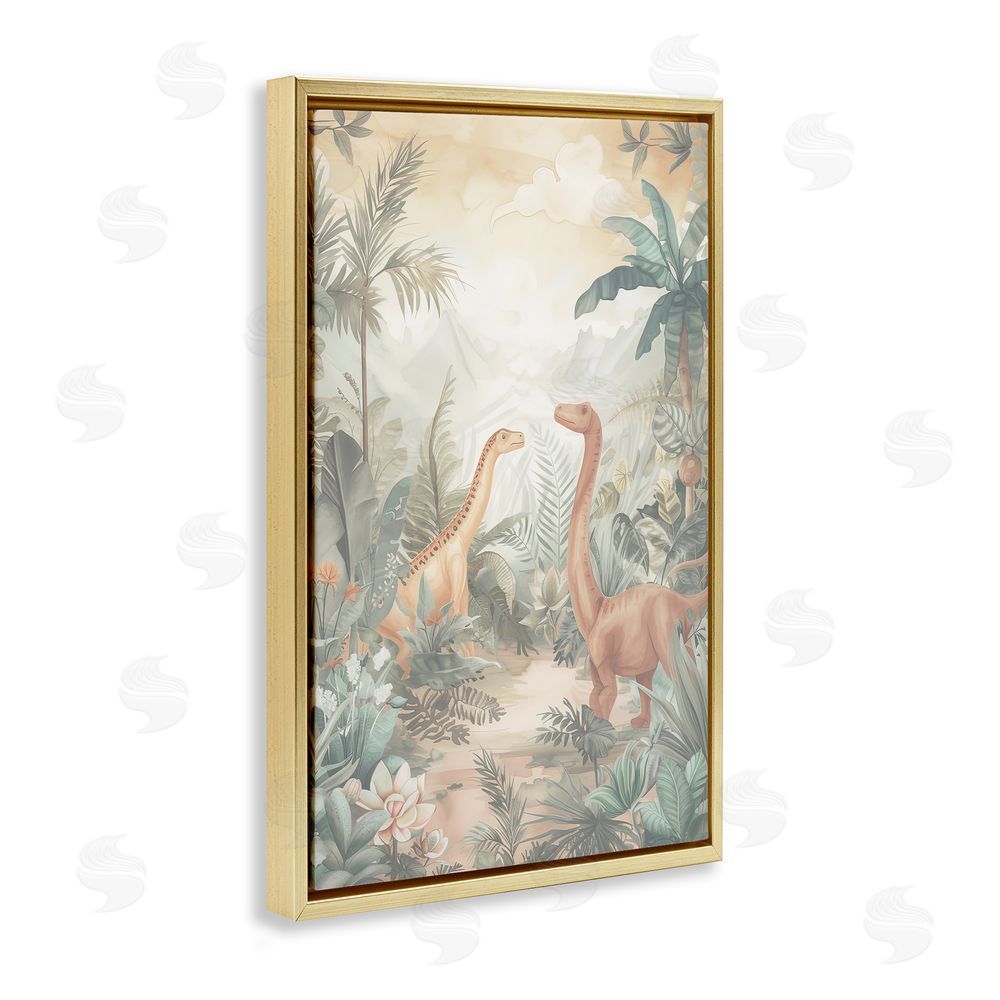 Ray Powers Muted Dinosaurs in Jungle Gold Floating Frame Canvas Wall Art Print