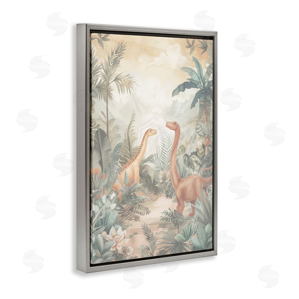 Ray Powers Muted Dinosaurs in Jungle Gray Floating Frame Canvas Wall Art Print