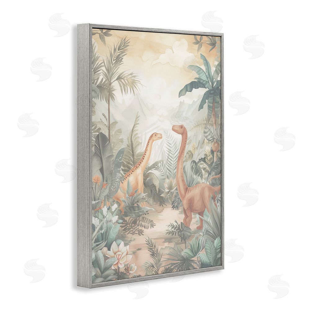 Ray Powers Muted Dinosaurs in Jungle Gray Framed Giclee Wall Art Print
