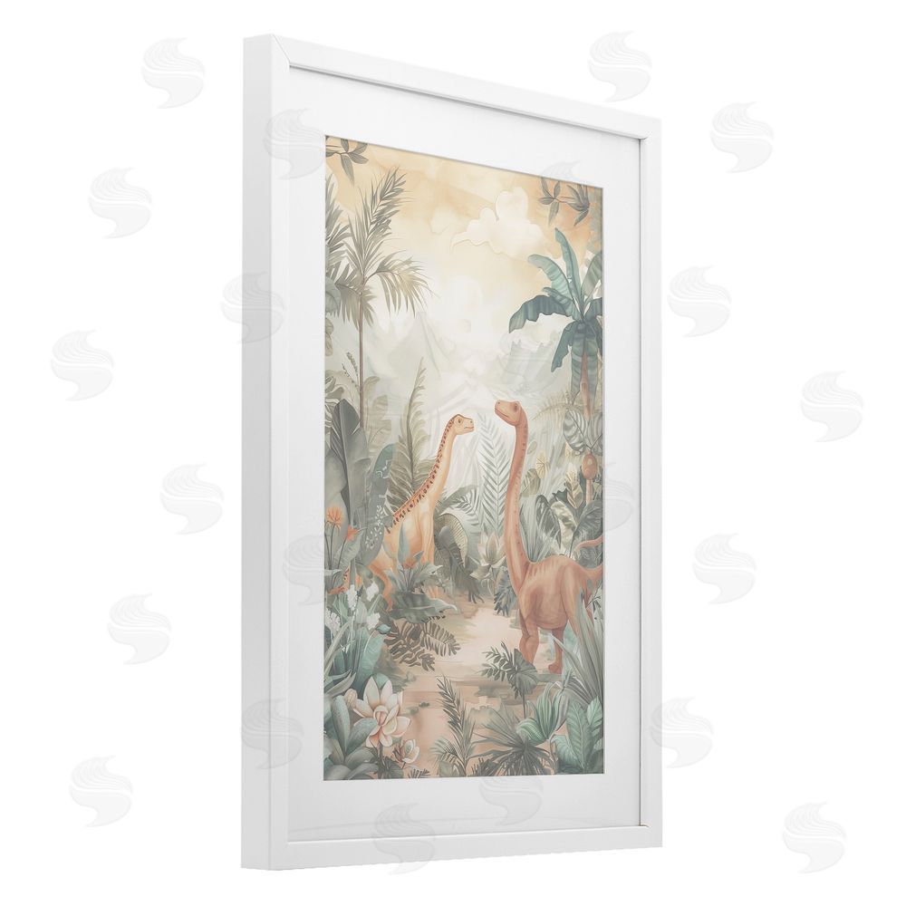 Ray Powers Muted Dinosaurs in Jungle White Framed Print Under Glass Wall Art