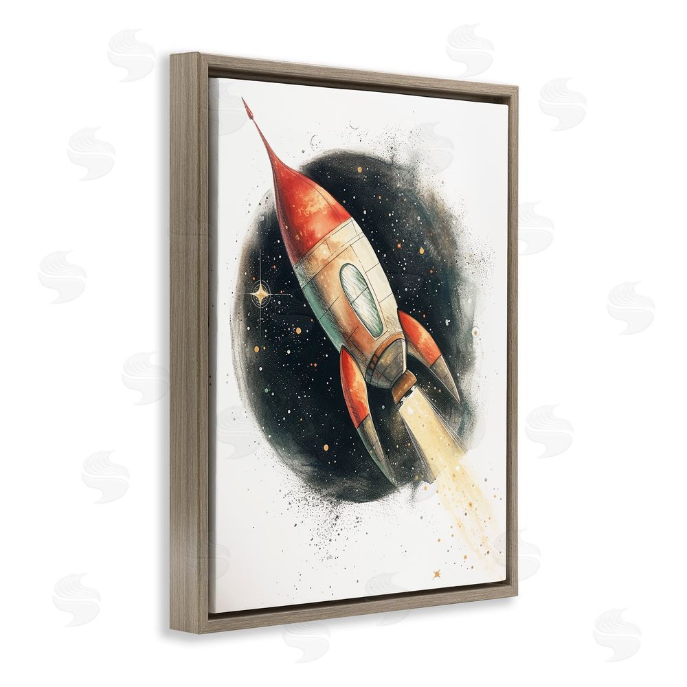 Ray Powers Journey To Space Rocket Brown Floating Frame Canvas Wall Art