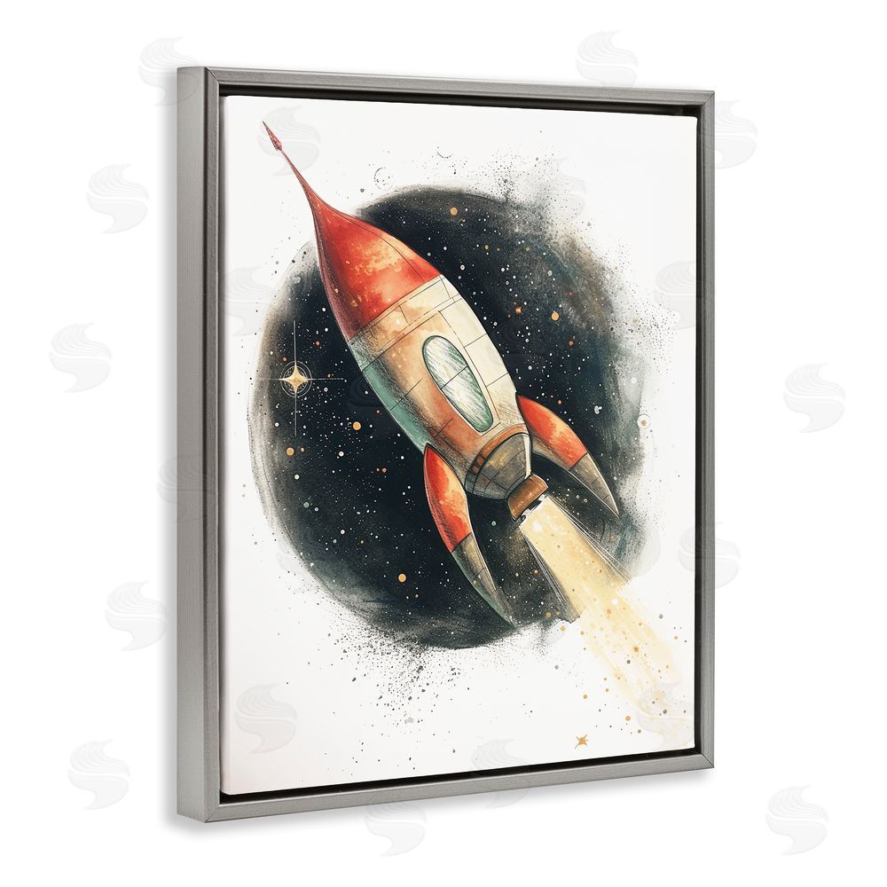 Ray Powers Journey To Space Rocket Gray Floating Frame Canvas Wall Art
