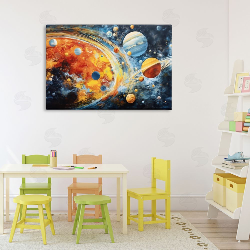 Ray Powers Space Whirl Planets Stretched Canvas Wall Art Print in Room