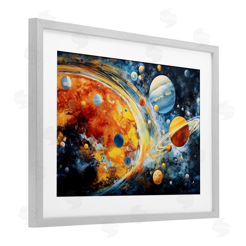 Ray Powers Space Whirl Planets Gray Framed Print Under Glass Wall Art