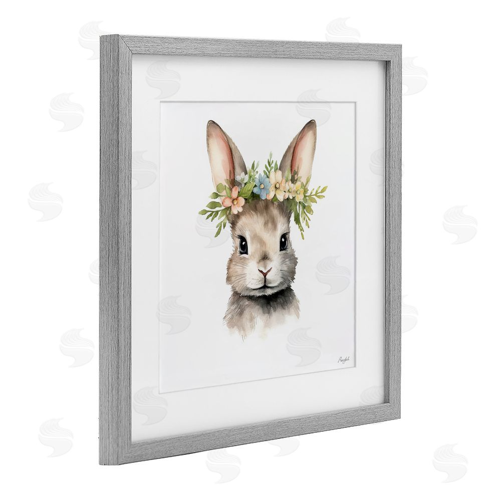 Roozbeh Woodland Rabbit Flower Crown Gray Framed Print Under Glass Wall Art