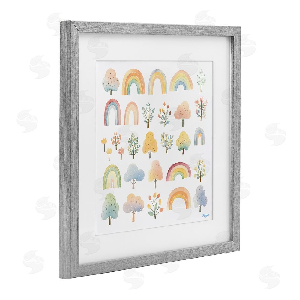 Roozbeh Happy Rainbows & Foliage Gray Framed Print Under Glass with Mat Wall Art