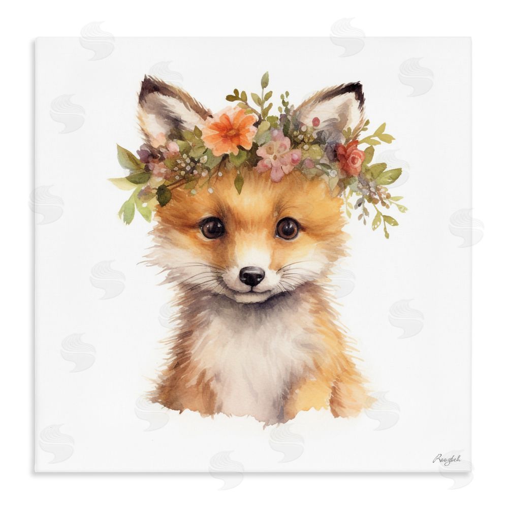 Roozbeh Woodland Fox Flower Crown Stretched Canvas Wall Art Print