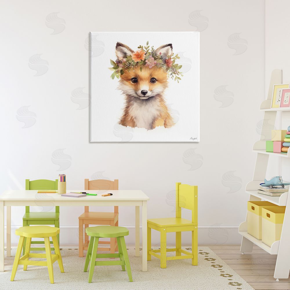 Roozbeh Woodland Fox Flower Crown Stretched Canvas Wall Art Print in Room