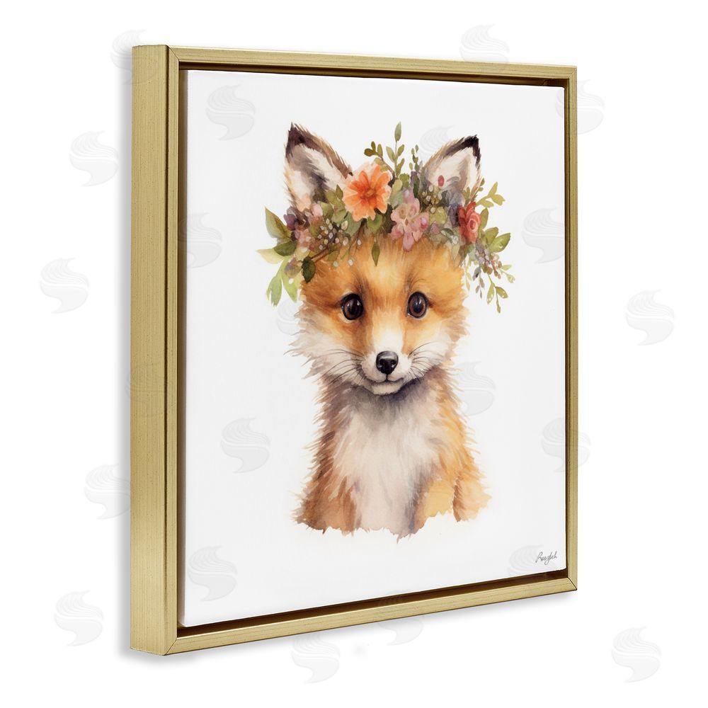 Roozbeh Woodland Fox Flower Crown Gold Floating Frame Canvas Wall Art Print