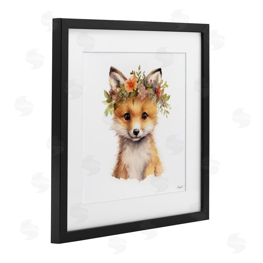 Roozbeh Woodland Fox Flower Crown Black Framed Print Under Glass Wall Art