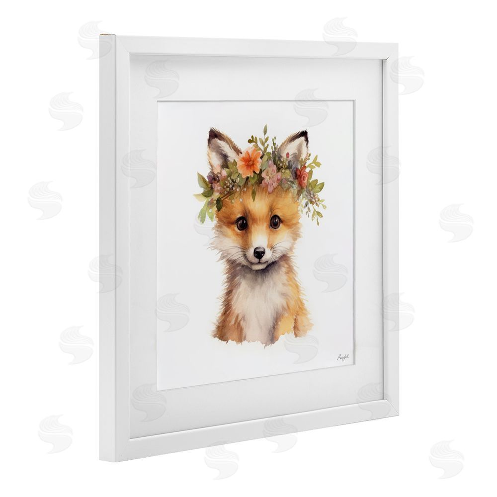 Roozbeh Woodland Fox Flower Crown White Framed Print Under Glass Wall Art