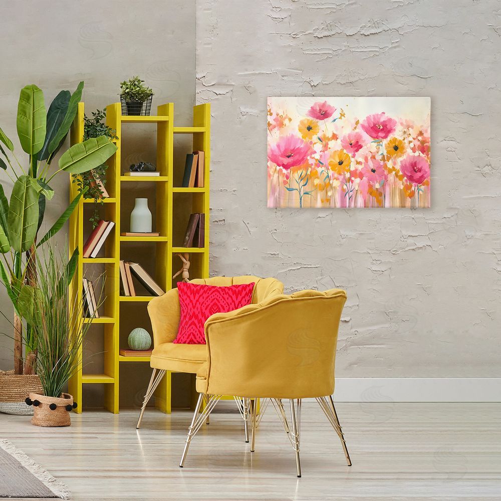 Andrea Haase Blooming Whimsy Pink & Yellow Stretched Canvas Wall Art in Room