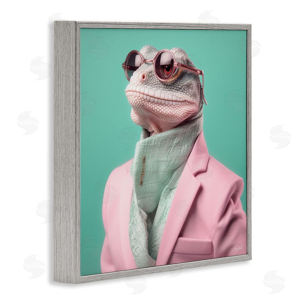 Roozbeh Hipster Iguana Portrait Gray Framed Giclee Wall Art Print