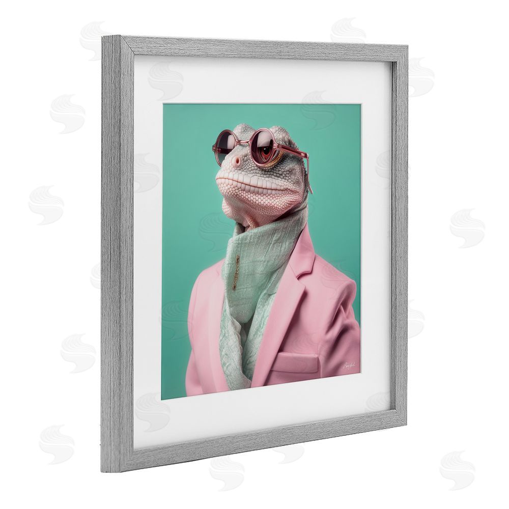 Roozbeh Hipster Iguana Portrait Gray Framed Print Under Glass with Mat Wall Art