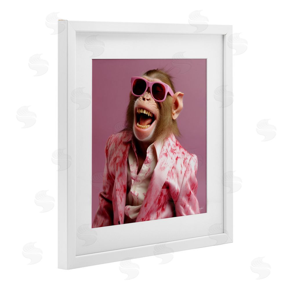 Roozbeh Hipster Monkey in Suit White Framed Print Under Glass with Mat Wall Art