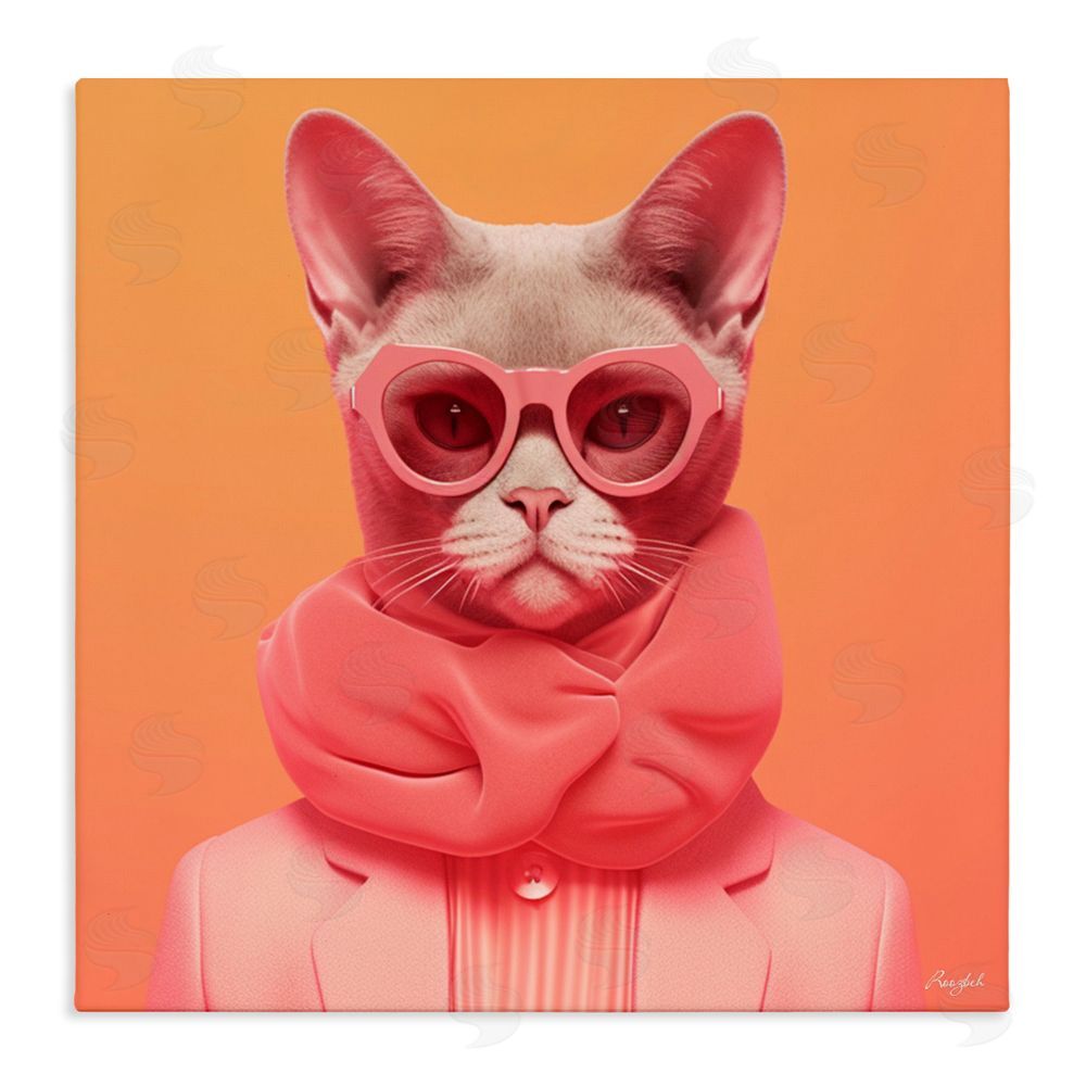 Roozbeh Retro Glasses Cat on Orange Stretched Canvas Wall Art Print