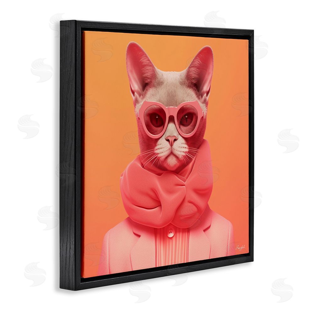 Roozbeh Retro Glasses Cat on Orange Black Floating Frame Canvas Wall Art Print
