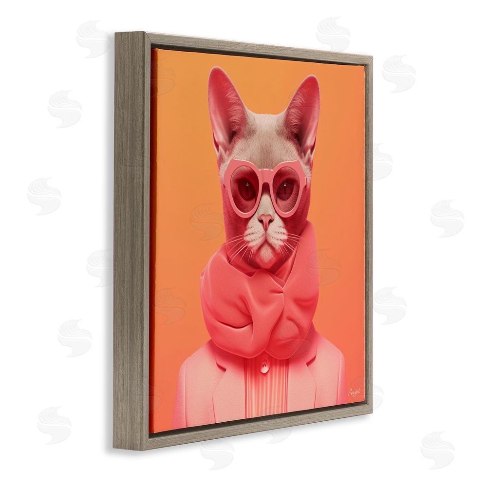 Roozbeh Retro Glasses Cat on Orange Brown Floating Frame Canvas Wall Art Print