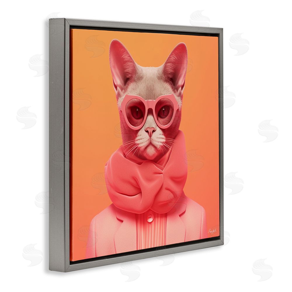 Roozbeh Retro Glasses Cat on Orange Gray Floating Frame Canvas Wall Art Print