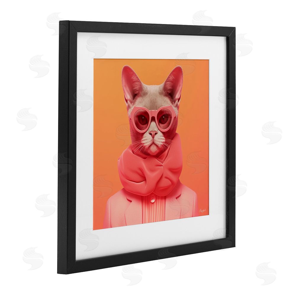 Roozbeh Retro Glasses Cat on Orange Black Framed Print Under Glass Wall Art