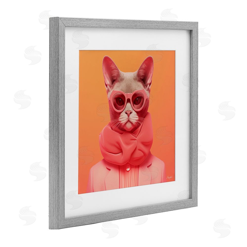 Roozbeh Retro Glasses Cat on Orange Gray Framed Print Under Glass Wall Art