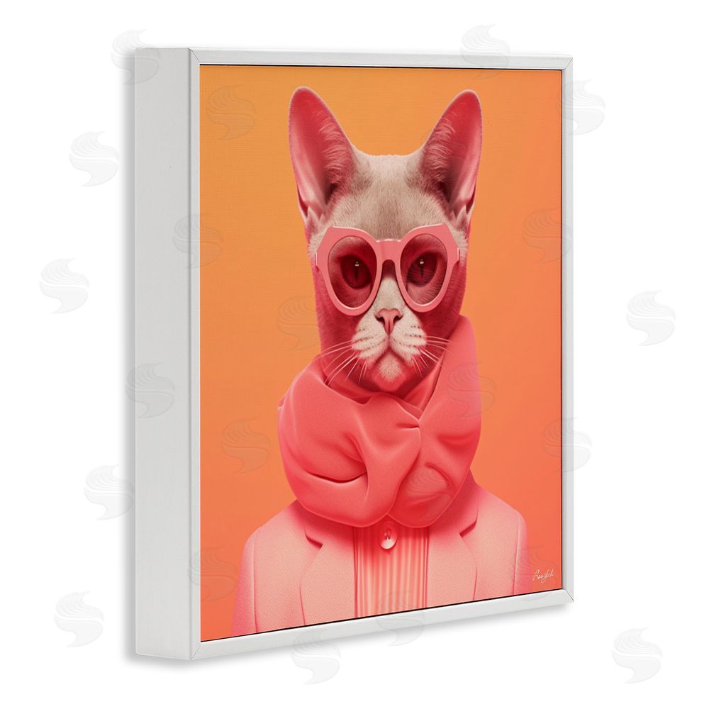 Roozbeh Retro Glasses Cat on Orange White Framed Giclee Wall Art Print