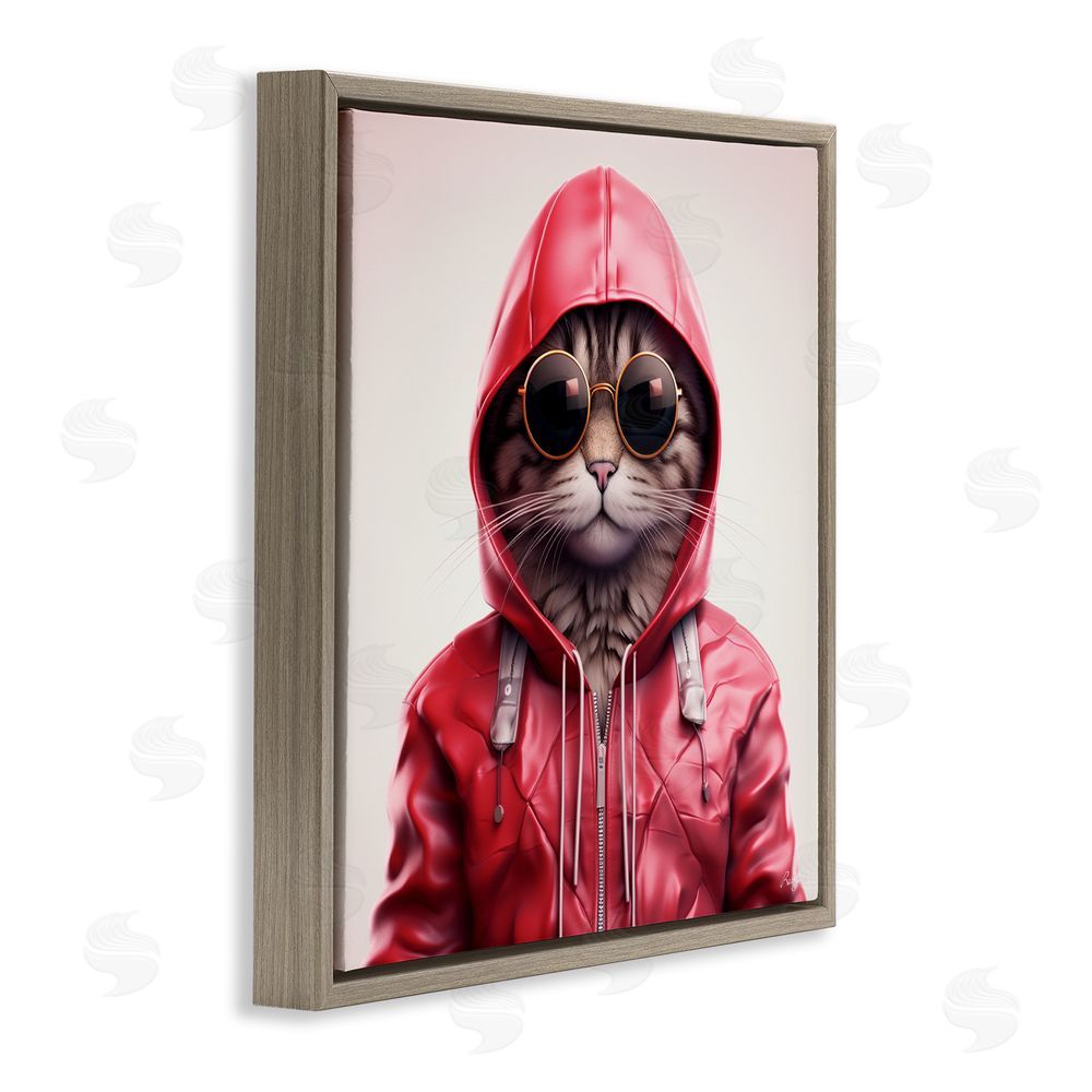 Roozbeh Hipster Cat in Stylish Jacket Brown Floating Frame Canvas Wall Art
