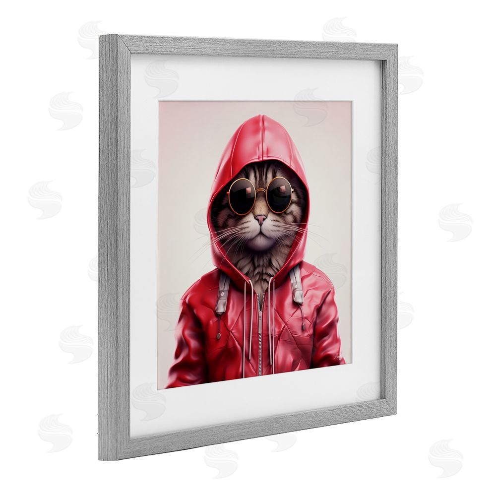 Roozbeh Hipster Cat in Stylish Jacket Gray Framed Print Under Glass with Mat Wall Art