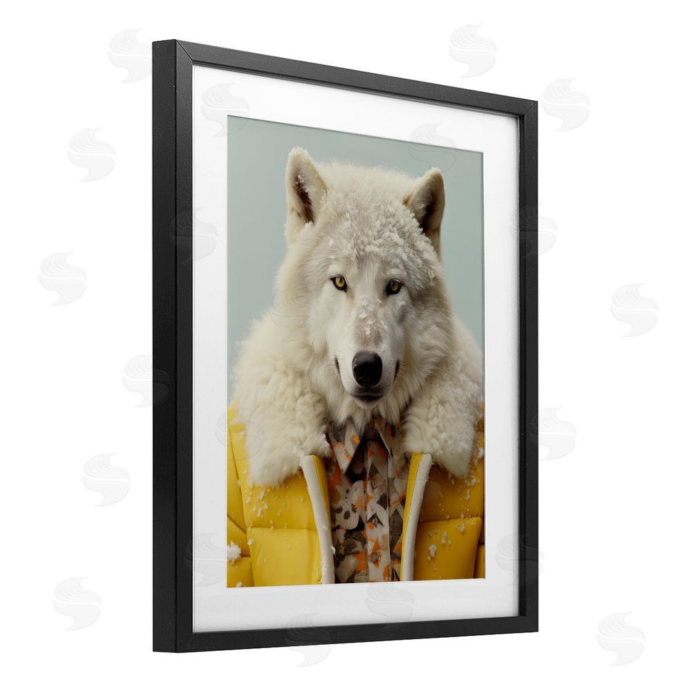 Ray Powers Snow Wolf Yellow Jacket Black Framed Print Under Glass Wall Art