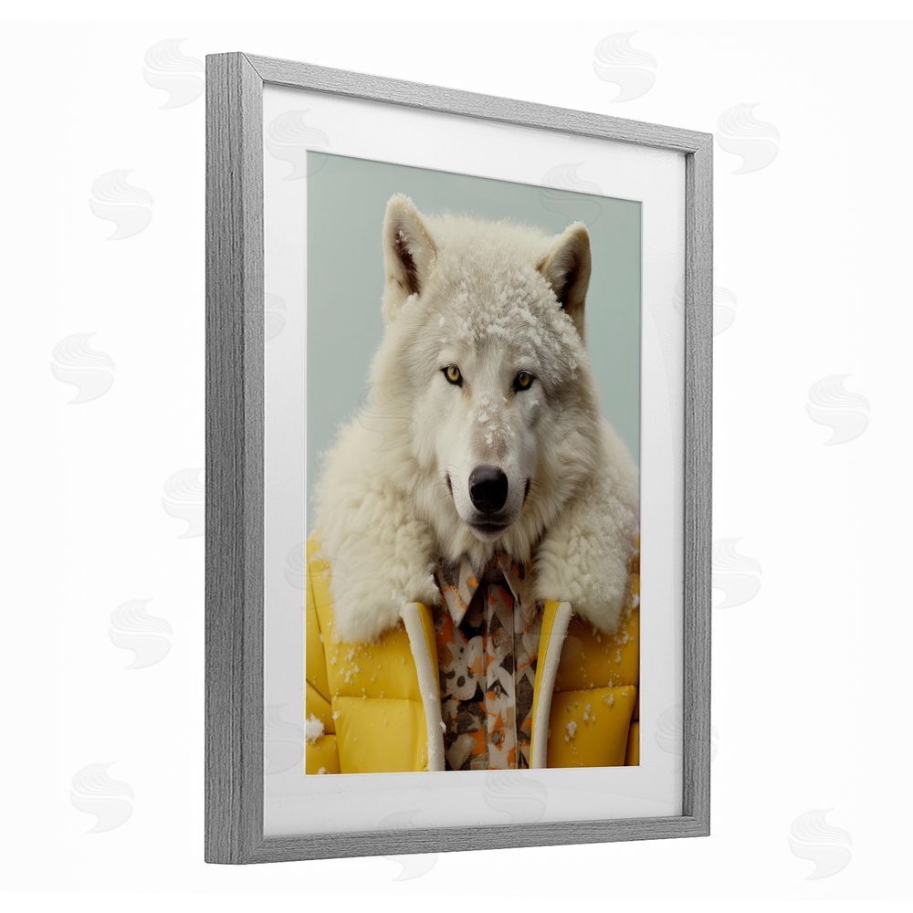 Ray Powers Snow Wolf Yellow Jacket Gray Framed Print Under Glass Wall Art
