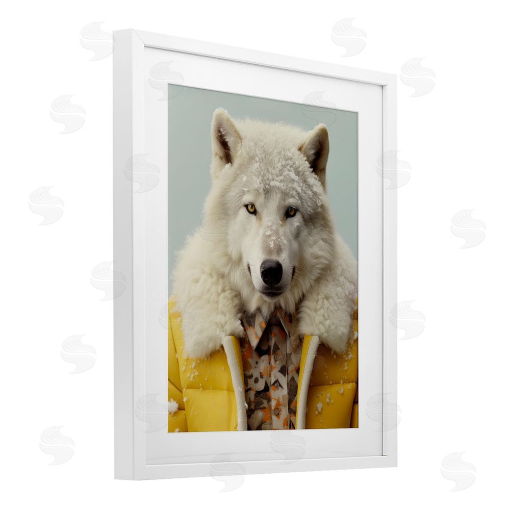 Ray Powers Snow Wolf Yellow Jacket White Framed Print Under Glass Wall Art