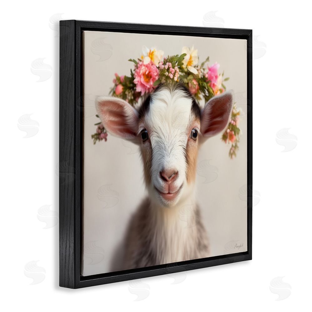 Roozbeh Flower Crowned Goat Black Floating Frame Canvas Wall Art