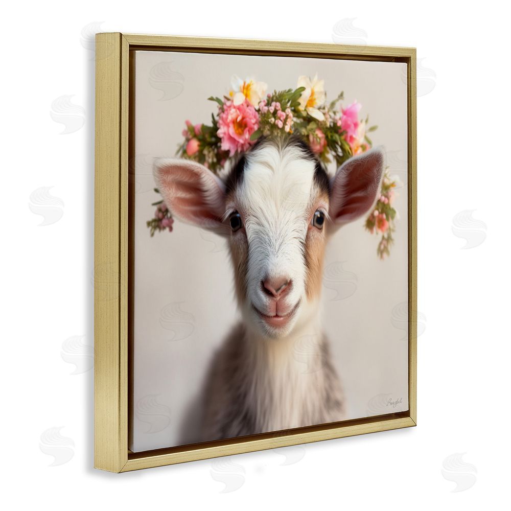 Roozbeh Flower Crowned Goat Gold Floating Frame Canvas Wall Art