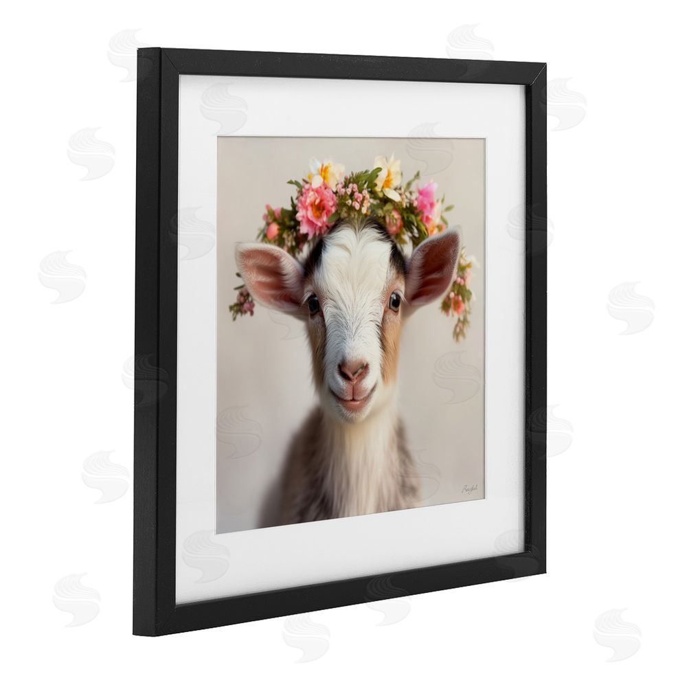 Roozbeh Flower Crowned Goat Black Framed Print Under Glass with Mat Wall Art