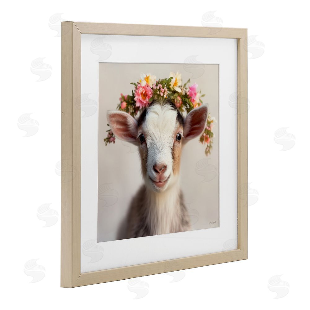 Roozbeh Flower Crowned Goat Brown Framed Print Under Glass with Mat Wall Art