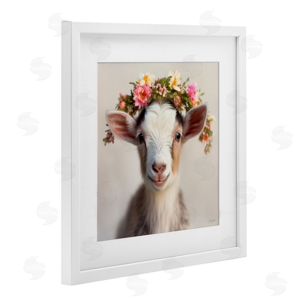 Roozbeh Flower Crowned Goat White Framed Print Under Glass with Mat Wall Art