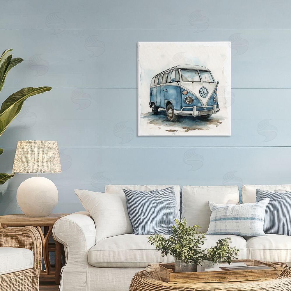 Ray Powers Sky Blue Surf Van Stretched Canvas Wall Art Print in Room
