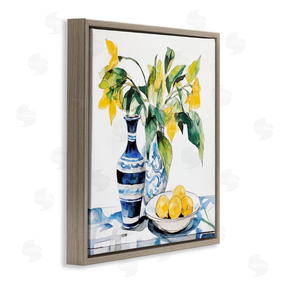 Ray Powers Lemons & Leaves Table Setting Brown Floating Frame Canvas Wall Art