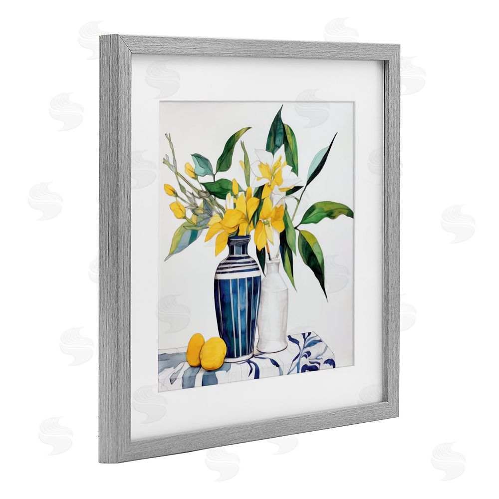Ray Powers Lemons And Blooms Table Gray Framed Print Under Glass with Mat Wall Art