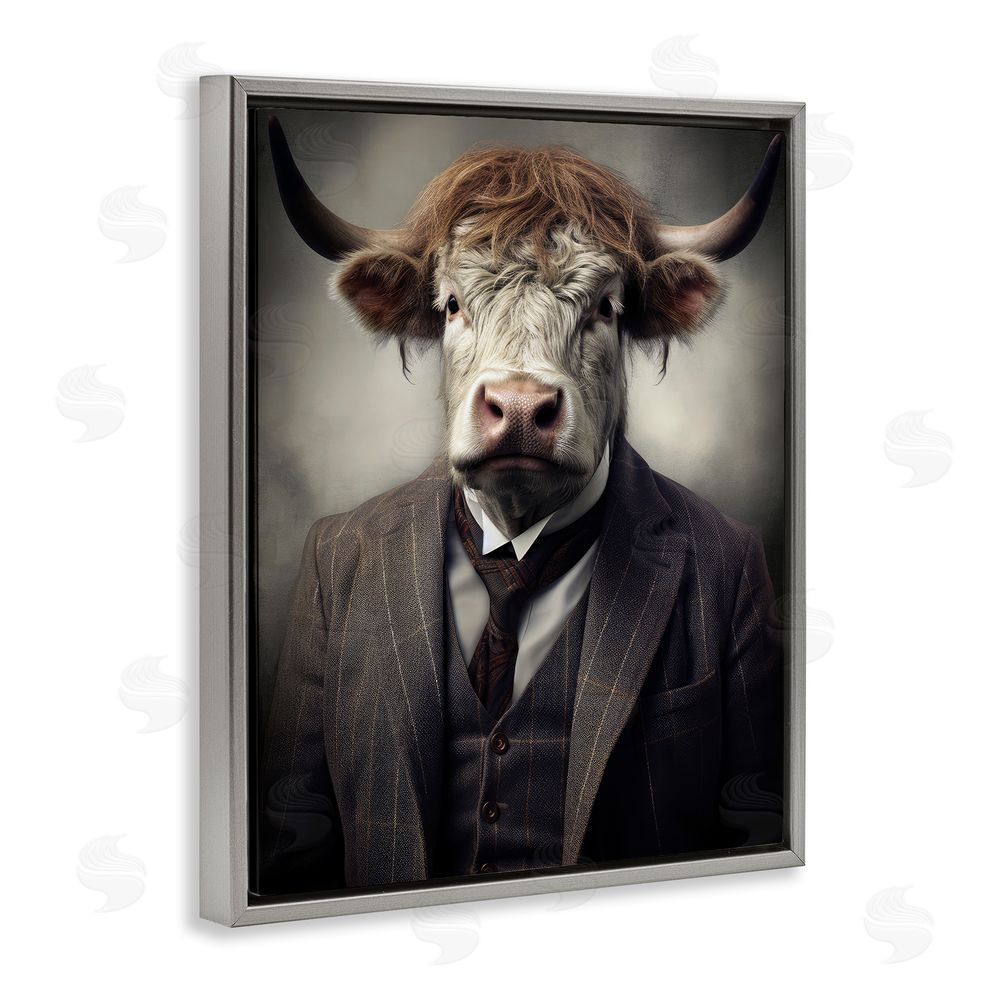 Ray Powers Sophisticated Bull Portrait Gray Floating Frame Canvas Wall Art Print