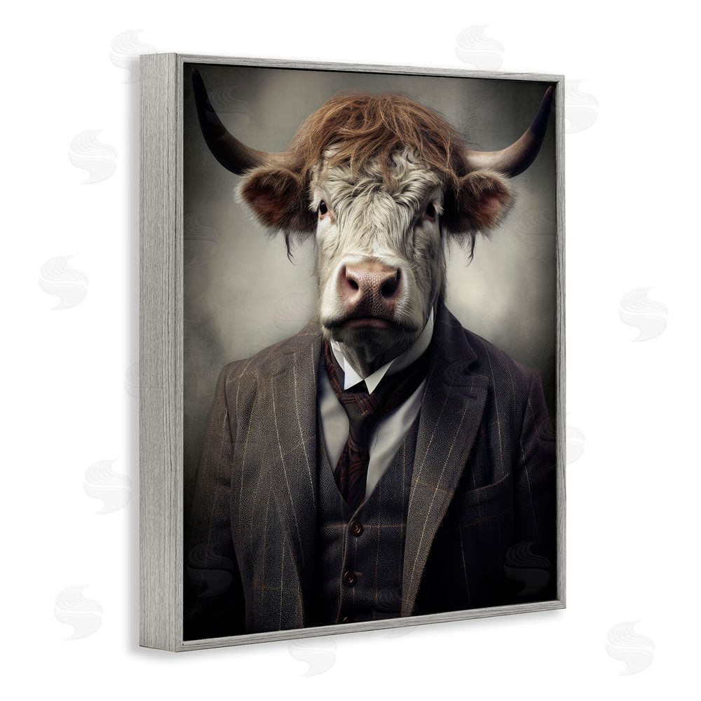 Ray Powers Sophisticated Bull Portrait Gray Framed Giclee Wall Art Print