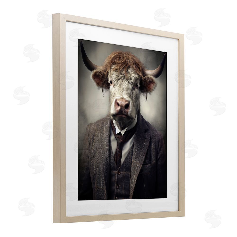 Ray Powers Sophisticated Bull Portrait Brown Framed Print Under Glass Wall Art