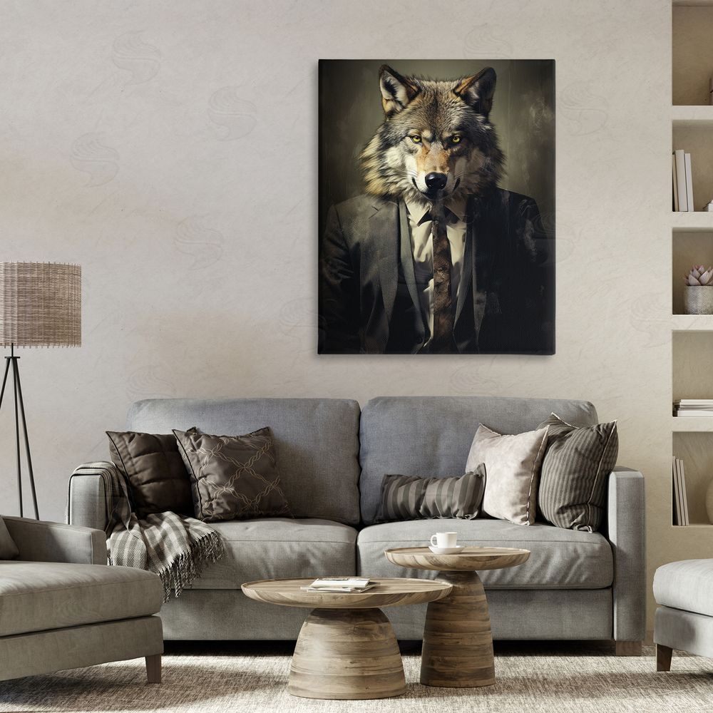 Ray Powers Fancy Wolf in Suit Stretched Canvas Wall Art in Room