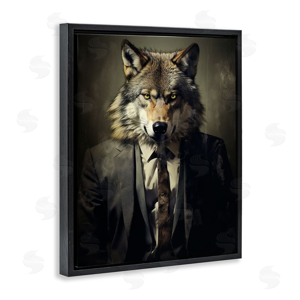 Ray Powers Fancy Wolf in Suit Black Floating Frame Canvas Wall Art