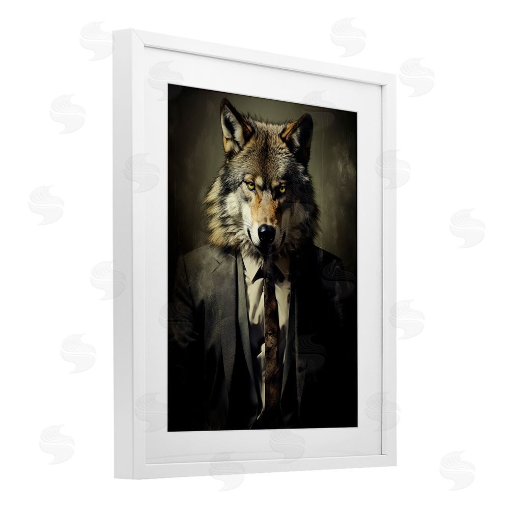 Ray Powers Fancy Wolf in Suit White Framed Print Under Glass with Mat Wall Art